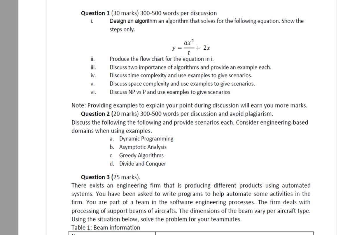Question 1 (30 marks) 300-500 words per discussion
i.
Design an algorithm an algorithm that solves for the following equation. Show the
steps only.
ax²
y =-
+ 2x
t
ii.
Produce the flow chart for the equation in i.
Discuss two importance of algorithms and provide an example each.
Discuss time complexity and use examples to give scenarios.
Discuss space complexity and use examples to give scenarios.
Discuss NP vs P and use examples to give scenarios
ii.
iv.
V.
vi.
Note: Providing examples to explain your point during discussion will earn you more marks.
Question 2 (20 marks) 300-500 words per discussion and avoid plagiarism.
Discuss the following the following and provide scenarios each. Consider engineering-based
domains when using examples.
a. Dynamic Programming
b. Asymptotic Analysis
c. Greedy Algorithms
d. Divide and Conquer
Question 3 (25 marks).
There exists an engineering firm that is producing different products using automated
systems. You have been asked to write programs to help automate some activities in the
firm. You are part of a team in the software engineering processes. The firm deals with
processing of support beams of aircrafts. The dimensions of the beam vary per aircraft type.
Using the situation below, solve the problem for your teammates.
Table 1: Beam information

