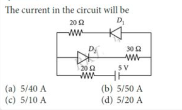 The current in the circuit will be
D₁
(a) 5/40 A
(c) 5/10 A
2092
www
D₂
20 2
www
30 92
www
5V
H
(b) 5/50 A
(d) 5/20 A
