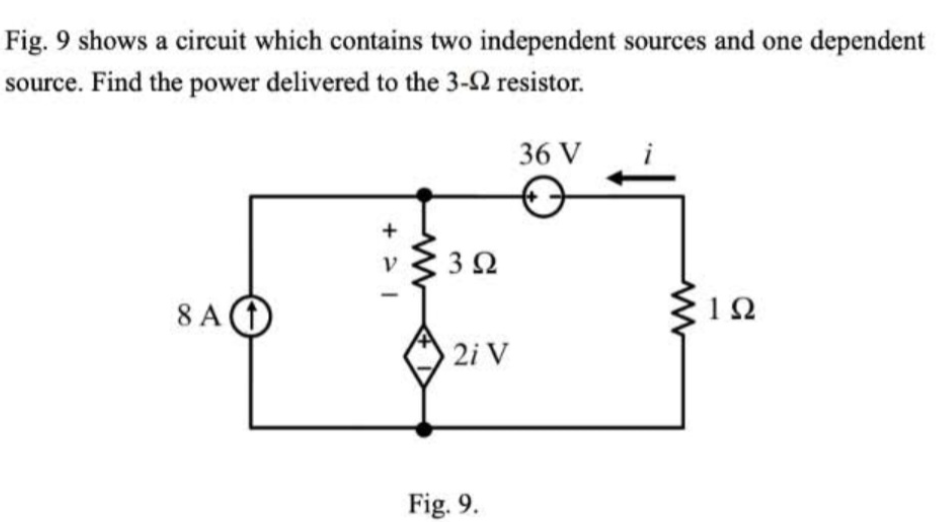 Fig. 9 shows a circuit which contains two independent sources and one dependent
source. Find the power delivered to the 3-2 resistor.
8A
+
3 Ω
2i V
Fig. 9.
36 V
ΤΩ