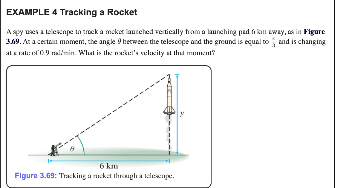 EXAMPLE 4 Tracking a Rocket
A spy uses a telescope to track a rocket launched vertically from a launching pad 6 km away, as in Figure
3.69. At a certain moment, the angle 0 between the telescope and the ground is equal to and is changing
at a rate of 0.9 rad/min. What is the rocket's velocity at that moment?
y
6 km
Figure 3.69: Tracking a rocket through a telescope.
