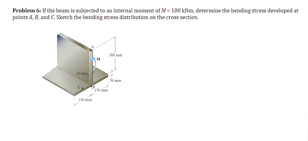 Problem 6: If the beam is subjected to an internal moment of M = 100 kNm, determine the bending stress developed at
points A, B, and C. Sketch the bending stress distribution on the cross section.
30 mm,
C.
150 mm.
M
150 mm.
300 mm
4
30 mm