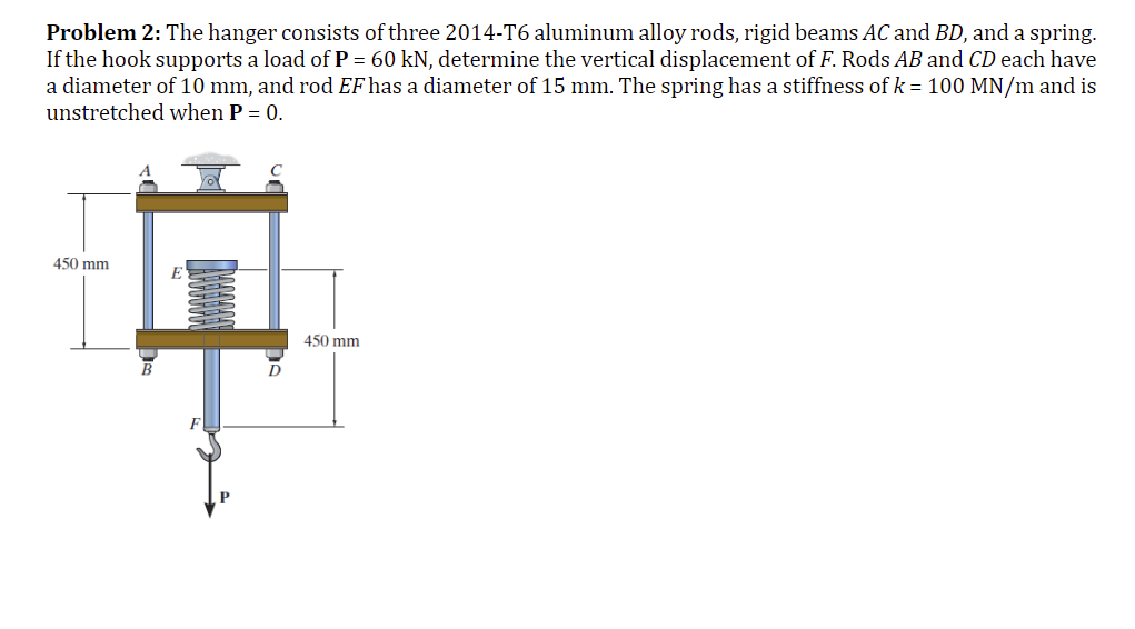 Problem 2: The hanger consists of three 2014-T6 aluminum alloy rods, rigid beams AC and BD, and a spring.
If the hook supports a load of P = 60 kN, determine the vertical displacement of F. Rods AB and CD each have
a diameter of 10 mm, and rod EF has a diameter of 15 mm. The spring has a stiffness of k = 100 MN/m and is
unstretched when P = 0.
450 mm
450 mm