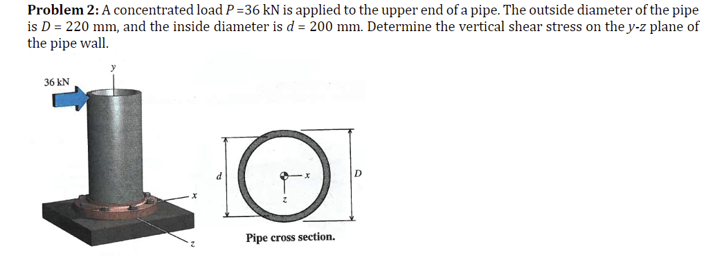 Problem 2: A concentrated load P=36 kN is applied to the upper end of a pipe. The outside diameter of the pipe
is D = 220 mm, and the inside diameter is d = 200 mm. Determine the vertical shear stress on the y-z plane of
the pipe wall.
36 kN
C
Pipe cross section.
D
