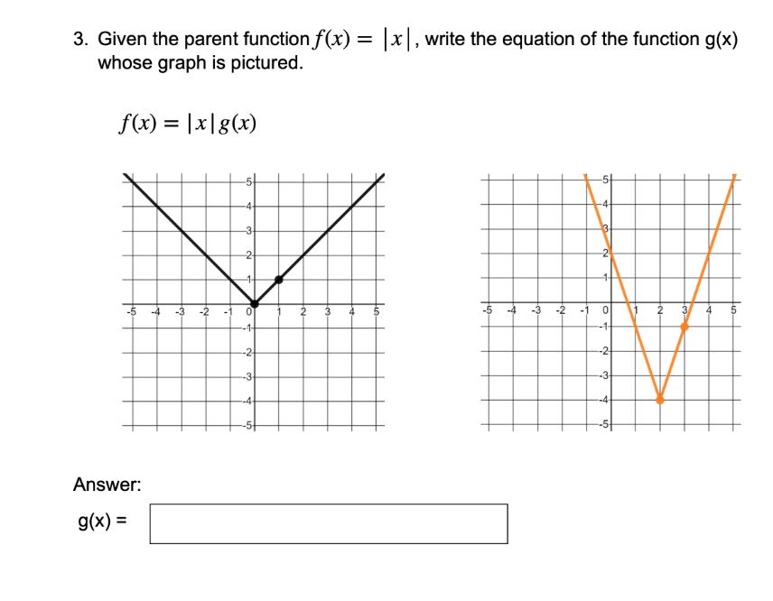 3. Given the parent function f(x) = |x|, write the equation of the function g(x)
whose graph is pictured.
f(x) = |x|g(x)
-4-
-3-
-2
-5
-4
-2
-1
4
-1-
-1-
-2
-2
-3-
-4-
-4
Answer:
g(x) =
3.
2-
