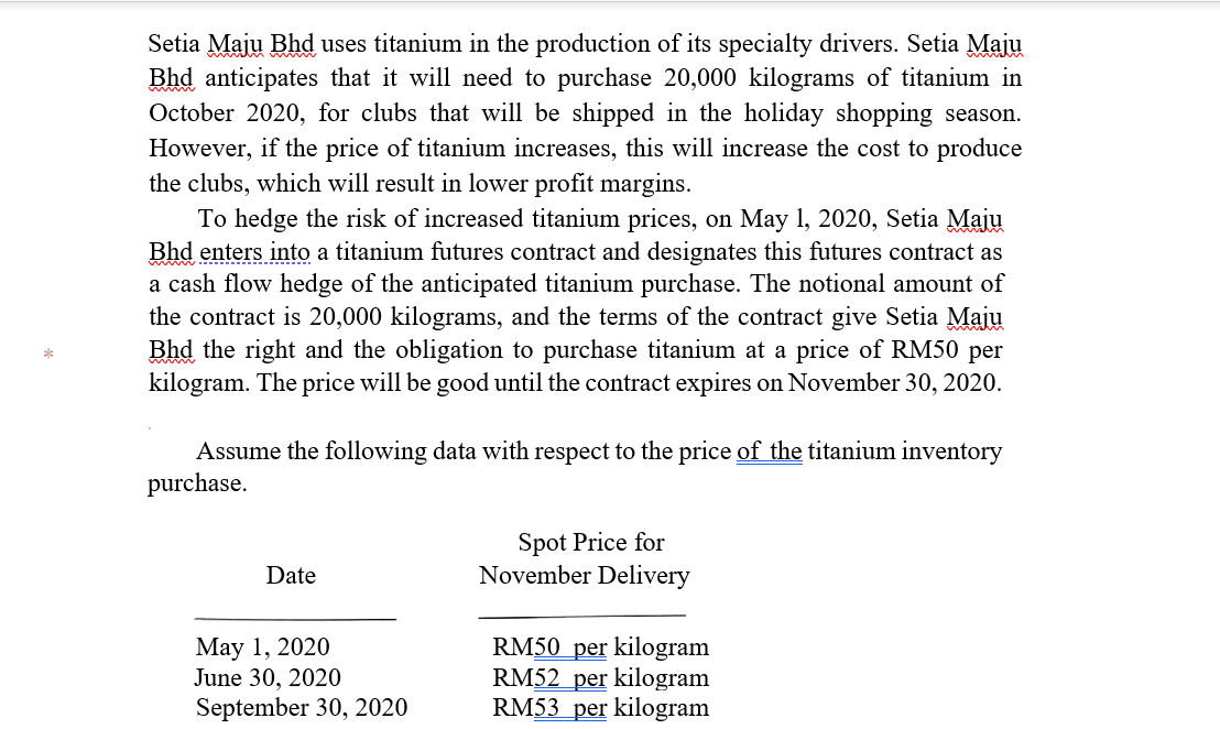 Setia Maju Bhd uses titanium in the production of its specialty drivers. Setia Maju
Bhd anticipates that it will need to purchase 20,000 kilograms of titanium in
October 2020, for clubs that will be shipped in the holiday shopping season.
However, if the price of titanium increases, this will increase the cost to produce
the clubs, which will result in lower profit margins.
To hedge the risk of increased titanium prices, on May 1, 2020, Setia Maju
Bhd enters into a titanium futures contract and designates this futures contract as
a cash flow hedge of the anticipated titanium purchase. The notional amount of
the contract is 20,000 kilograms, and the terms of the contract give Setia Maiu
Bhd the right and the obligation to purchase titanium at a price of RM50 per
kilogram. The price will be good until the contract expires on November 30, 2020.
Assume the following data with respect to the price of the titanium inventory
purchase.
Spot Price for
November Delivery
Date
May 1, 2020
June 30, 2020
September 30, 2020
RM50 per kilogram
RM52 per kilogram
RM53 per kilogram
