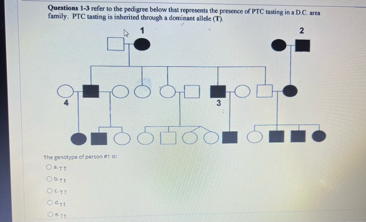 Questions 1-3 refer to the pedigree below that represents the presence of PTC tasting in a D.C. area
family. PTC tasting is inherited through a dominant allele (T).
The genotype of person #1 is:
O a. TT
O b.Tt
O C.T?
O d.tt
O e.?t
