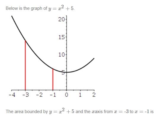 Below is the graph of y = x2 +5.
20-
15
10-
-4
-3 -2
-1
2
The area bounded by y = x2 + 5 and the raxis from x = -3 to a = -1 is
