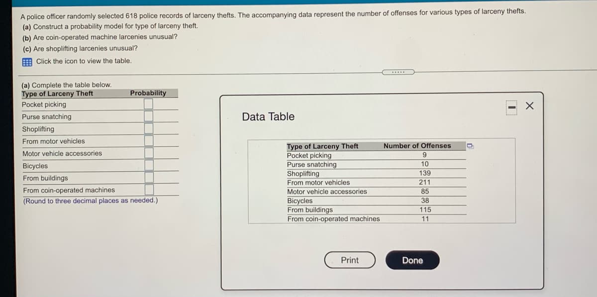 A police officer randomly selected 618 police records of larceny thefts. The accompanying data represent the number of offenses for various types of larceny thefts.
(a) Construct a probability model for type of larceny theft.
(b) Are coin-operated machine larcenies unusual?
(c) Are shoplifting larcenies unusual?
E Click the icon to view the table.
(a) Complete the table below.
Type of Larceny Theft
Pocket picking
Probability
Purse snatching
Data Table
Shoplifting
From motor vehicles
Type of Larceny Theft
Pocket picking
Purse snatching
Shoplifting
Number of Offenses
Motor vehicle accessories
9
Bicycles
10
139
From buildings
From motor vehicles
211
Motor vehicle accessories
Bicycles
From buildings
From coin-operated machines
From coin-operated machines
85
(Round to three decimal places as needed.)
38
115
11
Print
Done
