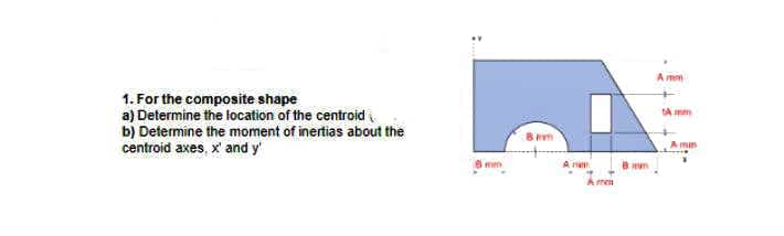 A mm
1. For the composite shape
a) Determine the location of the centroid i.
b) Determine the moment of inertias about the
centroid axes, x' and y'
DA mm
Amin
un
A men
