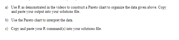 a) Use R as demonstrated in the videos to construct a Pareto chart to organize the data given above. Copy
and paste your output into your solutions file.
b) Use the Pareto chart to interpret the data.
c) Copy and paste your R command(s) into your solutions file.
