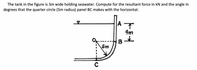 The tank in the figure is 3m wide holding seawater. Compute for the resultant force in kN and the angle in
degrees that the quarter circle (5m radius) panel BC makes with the horizontal.
A
4m
B
Sm
