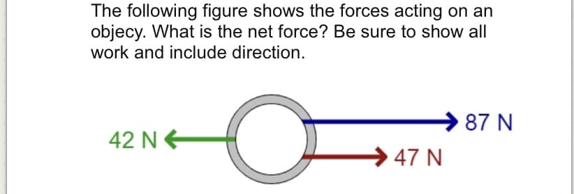 The following figure shows the forces acting on an
objecy. What is the net force? Be sure to show all
work and include direction.
42 N
47 N
87 N