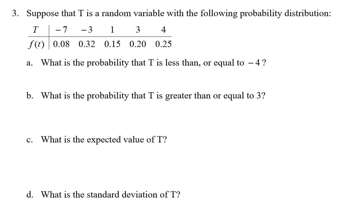 Suppose that T is a random variable with the following probability distribution:
3.
Т
-7
-3
1
3
f(t) 0.08 0.32 0.15 0.20 0.25
What is the probability that T is less than, or equal to 4?
a.
b.
What is the probability that T is greater than or equal to 3?
What is the expected value of T?
c.
d. What is the standard deviation of T?

