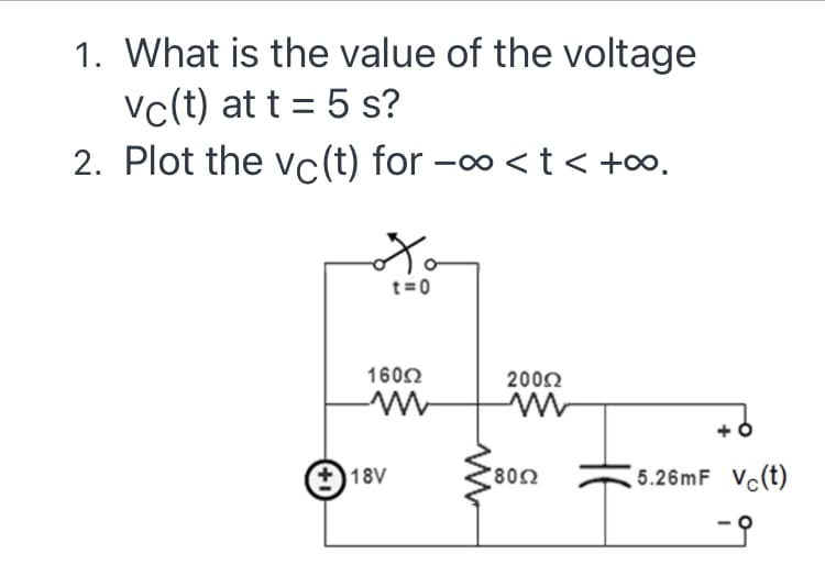 1. What is the value of the voltage
vc(t) at t = 5 s?
2. Plot the vc(t) for -o <t< +∞.
t=0
1602
2002
(±)18V
80Ω
5.26mF Vc(t)
