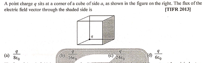 A point charge q sits at a corner of a cube of side a, as shown in the figure on the right. The flux of the
electric field vector through the shaded side is
[TIFR 2013]
() 6E0
C) 2480
(b)
16€0
80
