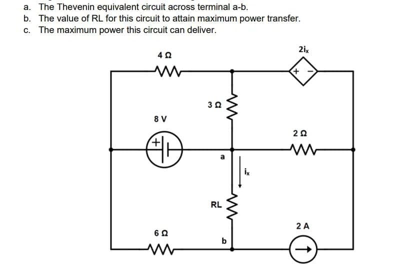 a. The Thevenin equivalent circuit across terminal a-b.
b. The value of RL for this circuit to attain maximum power transfer.
c. The maximum power this circuit can deliver.
4 Ω
www
8 V
HD
6 Ω
www
3 Ω
RL
b
2ix
+
202
ww
2 A