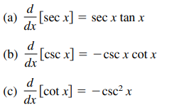 (a)
[sec x] = sec x tan x
dx
d
(b) 뜻[esc x]
-csc x cot x
dx
d
[cot x] = -csc² x
dx
|
