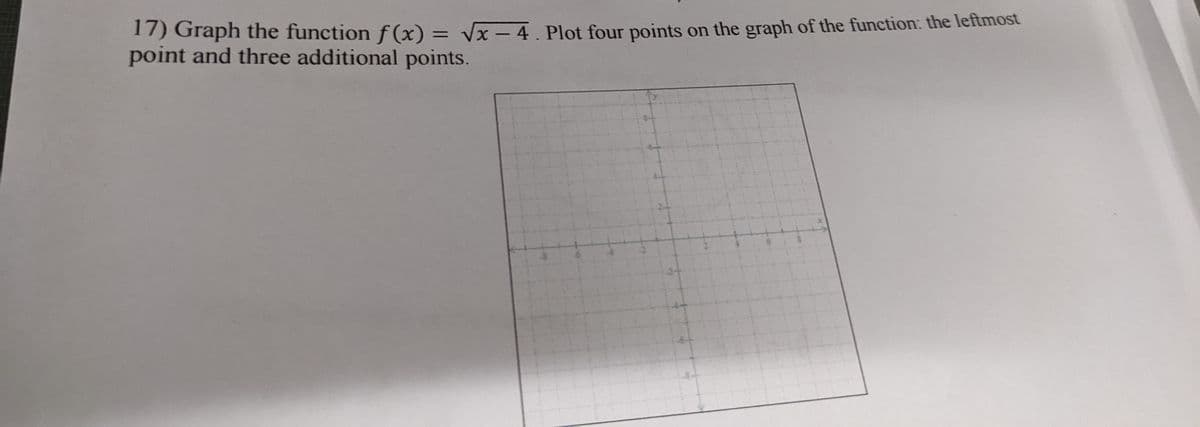 17) Graph the function f(x) = √√x - 4. Plot four points on the graph of the function: the leftmost
point and three additional points.