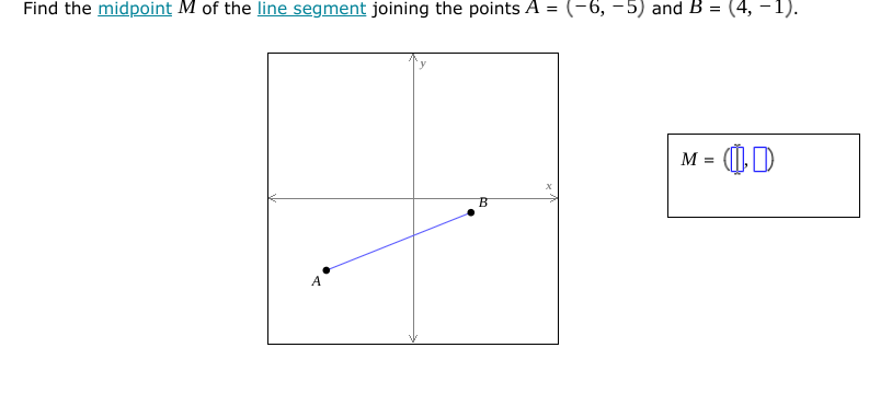 Find the midpoint M of the line segment joining the points A = (-6, -5) and B = (4, –1).
M = 0D
A
