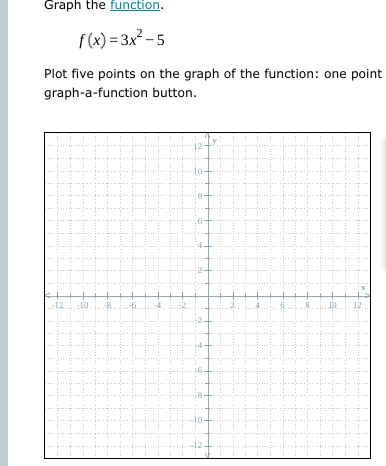Graph the function.
f(x) = 3x² – 5
Plot five points on the graph of the function: one point
graph-a-function button.
12
12.
