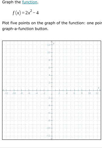 Graph the function.
f(x) = 2x² – 4
Plot five points on the graph of the function: one poir
graph-a-function button.
E2

