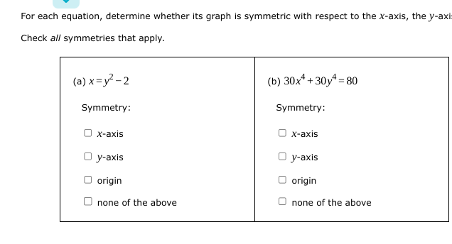 For each equation, determine whether its graph is symmetric with respect to the x-axis, the y-axi:
Check all symmetries that apply.
(a) x=y²-2
Symmetry:
Ox-axis
O y-axis
origin
none of the above
(b) 30x¹+30y¹ = 80
Symmetry:
O x-axis
Oy-axis
O origin
none of the above