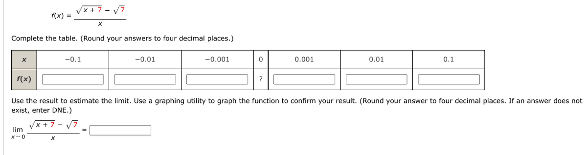 f(x)
f(x) =
Complete the table. (Round your answers to four decimal places.)
lim
X-0
√x+7-√7
X
X
-0.1
-0.01
-0.001
0
?
0.001
0.01
Use the result to estimate the limit. Use a graphing utility to graph the function to confirm your result. (Round your answer to four decimal places. If an answer does not
exist, enter DNE.)
√x+7- √7
0.1