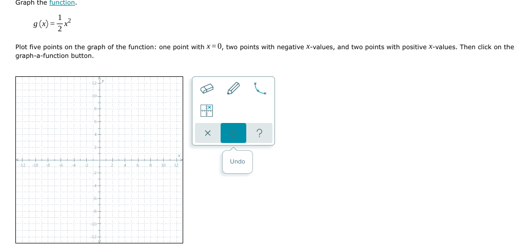 Graph the function.
9 (x) =
Plot five points on the graph of the function: one point with x=0, two points with negative x-values, and two points with positive X-values. Then click on the
graph-a-function button.
Undo
