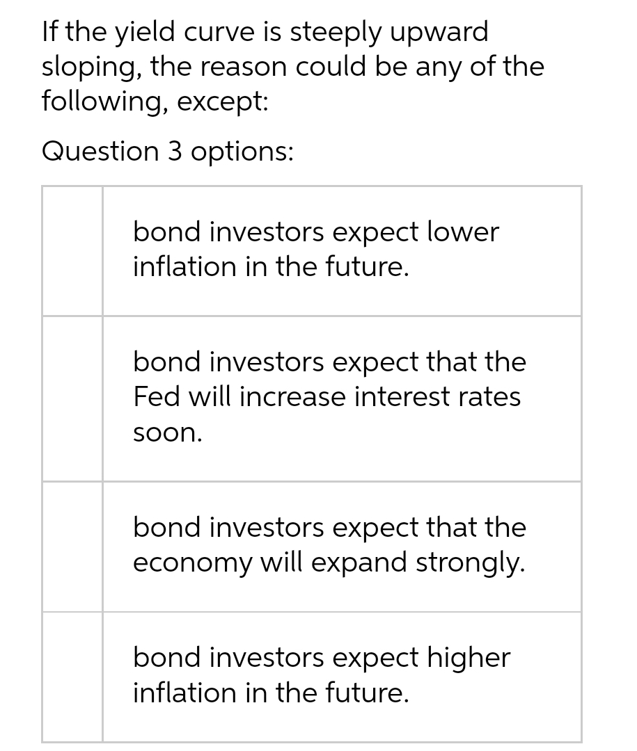 If the yield curve is steeply upward
sloping, the reason could be any of the
following, except:
Question 3 options:
bond investors expect lower
inflation in the future.
bond investors expect that the
Fed will increase interest rates
Soon.
bond investors expect that the
economy will expand strongly.
bond investors expect higher
inflation in the future.
