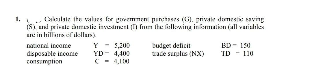 Calculate the values for government purchases (G), private domestic saving
(S), and private domestic investment (I) from the following information (all variables
are in billions of dollars).
1. - .
5,200
YD = 4,400
C = 4,100
budget deficit
trade surplus (NX)
national income
Y
BD = 150
disposable income
consumption
TD = 110
