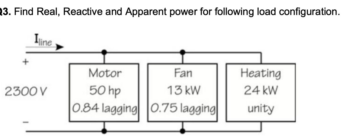 23. Find Real, Reactive and Apparent power for following load configuration.
line
Motor
Fan
Heating
50 hp
0.84 lagging 0.75 lagging|
2300 V
13 kW
24 kW
unity

