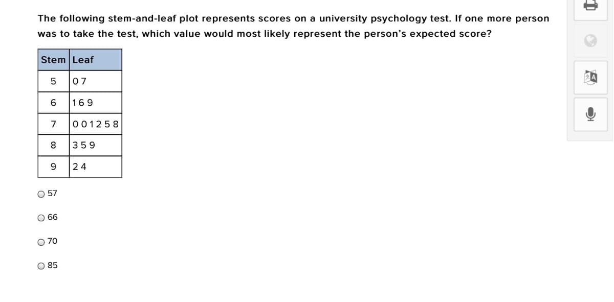 The following stem-and-leaf plot represents scores on a university psychology test. If one more person
was to take the test, which value would most likely represent the person's expected score?
Stem Leaf
5
07
169
7
001258
8
359
24
O 57
O 66
O 70
O 85
