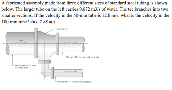 A fabricated assembly made from three different sizes of standard steel tubing is shown
below. The larger tube on the left carries 0.072 m3/s of water. The tee branches into two
smaller sections. If the velocity in the 50-mm tube is 12.0 m/s, what is the velocity in the
100-mm tube? Ans. 7.88 m/s
Reducing ee
Fkw
100-mm OD x 35-mm wall steel tube
-160-mm OD x 5.5-mm
wall steel tube
50-mm OD x 15-mm wall steel tube
