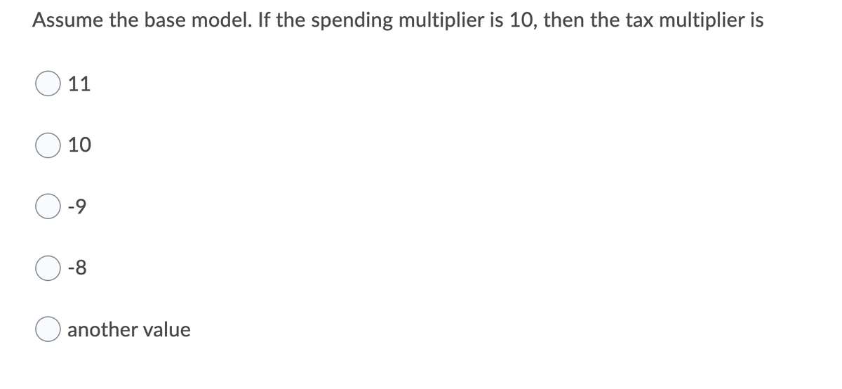 Assume the base model. If the spending multiplier is 10, then the tax multiplier is
11
10
-9
-8
another value
