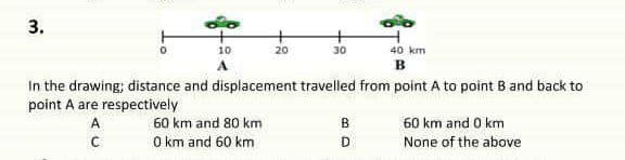3.
10
20
30
40 km
A
в
In the drawing; distance and displacement travelled from point A to point B and back to
point A are respectively
60 km and 80 km
B
60 km and 0 km
O km and 60 km
D.
None of the above
