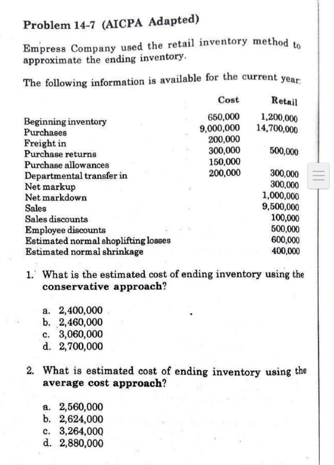 Problem 14-7 (AICPA Adapted)
Empress Company used the retail inventory method to
approximate the ending inventory.
The following information is available for the current year
Cost
Retail
650,000
9,000,000
200,000
300,000
150,000
200,000
Beginning inventory
Purchases
1,200,000
14,700,000
Freight in
Purchase returns
500,000
Purchase allowances
Departmental transfer in
Net markup
Net markdown
Sales
Sales discounts
300,000
300,000
1,000,000
9,500,000
100,000
500,000
600,000
400,000
Employee discounts
Estimated normal shoplifting losses
Estimated normal shrinkage
1. What is the estimated cost of ending inventory using the
conservative approach?
a. 2,400,000
b. 2,460,000
c. 3,060,000
d. 2,700,000
2. What is estimated cost of ending inventory using the
average cost approach?
a. 2,560,000
b. 2,624,000
c. 3,264,000
d. 2,880,000
