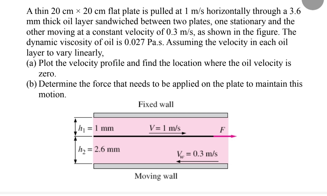 A thin 20 cm × 20 cm flat plate is pulled at 1 m/s horizontally through a 3.6
mm thick oil layer sandwiched between two plates, one stationary and the
other moving at a constant velocity of 0.3 m/s, as shown in the figure. The
dynamic viscosity of oil is 0.027 Pa.s. Assuming the velocity in each oil
layer to vary linearly,
(a) Plot the velocity profile and find the location where the oil velocity is
zero.
(b) Determine the force that needs to be applied on the plate to maintain this
motion.
Fixed wall
=1 mm
V=1 m/s
F
h, = 2.6 mm
V = 0.3 m/s
%3D
Moving wall
