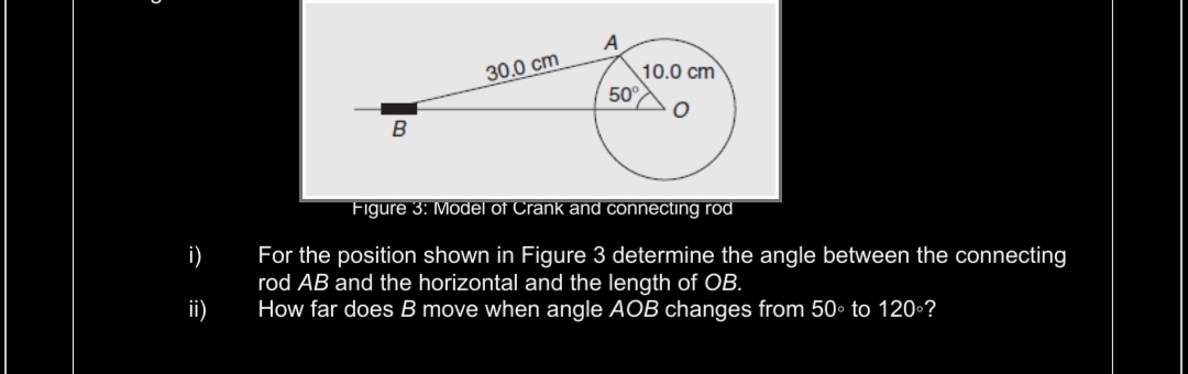 A
30.0 cm
10.0 cm
50
Figure 3: Model of Crank and connecting rod
i)
For the position shown in Figure 3 determine the angle between the connecting
rod AB and the horizontal and the length of OB.
How far does B move when angle AOB changes from 50• to 120°?
ii
