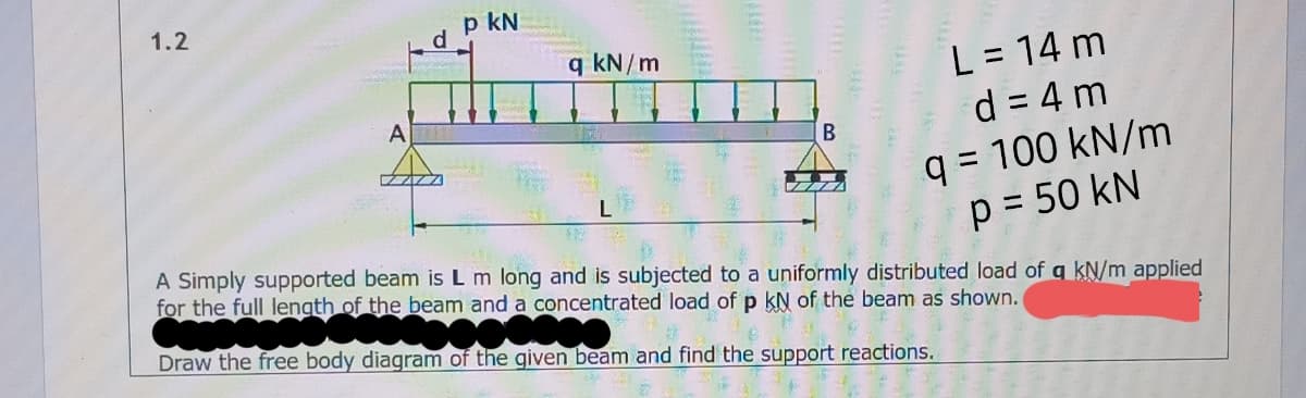 1.2
p kN
q kN/ m
L = 14 m
d = 4 m
q = 100 kN/m
p = 50 kN
A
В
A Simply supported beam is Lm long and is subjected to a uniformly distributed load of q ķN/m applied
for the full length of the beam and a concentrated load of p kN of the beam as shown.
Draw the free body diagram of the given beam and find the support reactions.
