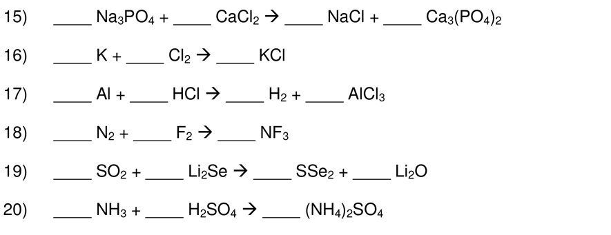 15)
NagPO4 +
CaCl2 >
NaCI +
Ca3(PO4)2
16)
K+
Cl2 → KCI
17)
Al +
HCI >
H2 +
AICI3
18)
N2 +
F2 >
NF3
19)
SO2 +
LizSe >
SSe2 +
Li20
20)
NH3 +
H2SO4 >
(NH4)2SO4
