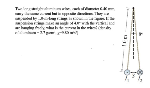 Two long straight aluminum wires, each of diameter 0.40 mm,
carry the same current but in opposite directions. They are
suspended by 1.0-m-long strings as shown in the figure. If the
suspension strings make an angle of 4.0° with the vertical and
are hanging freely, what is the current in the wires? (density
of aluminum = 2.7 g/cm', g-9.80 m/s?)
80
12
1.0 m
