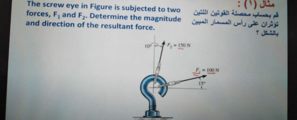 The screw eye in Figure is subjected to two
forces, F, and F2. Determine the magnitude
and direction of the resultant force.
قم بحساب محصلة القوتين ال لتين
تؤثران على رأس المسمار المبين
بالشكل ؟
10
F 150 N
- 100 N
15°
