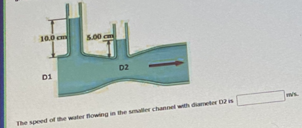 10.0 cm
5.00 cm
D2
D1
m/s.
The speed of the water flowing in the smaller channel with diameter D2 is
