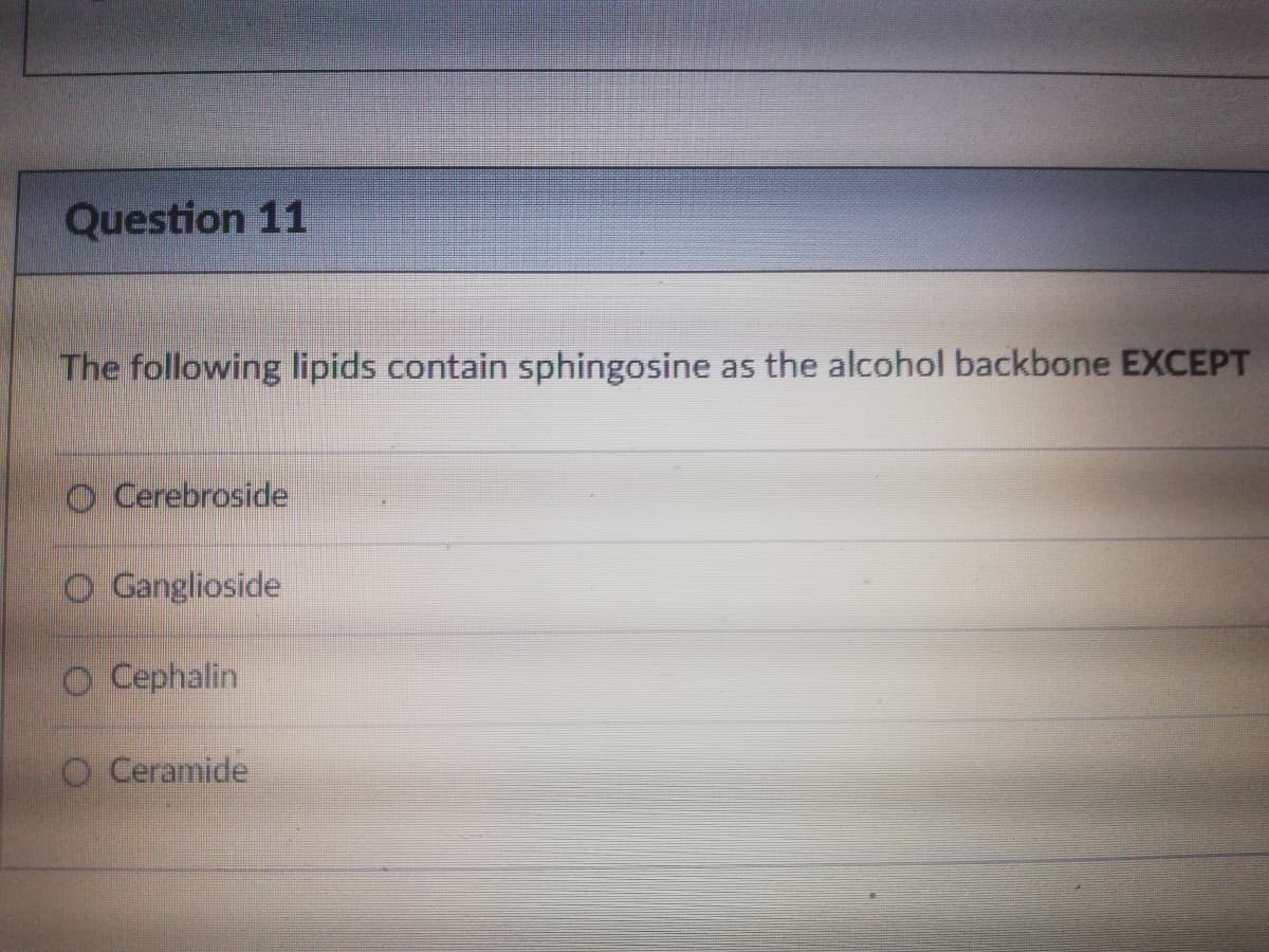 Question 11
The following lipids contain sphingosine as the alcohol backbone EXCEPT
O Cerebroside
O Ganglioside
O Cephalin
O Ceramide
