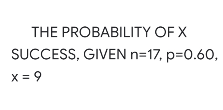 THE PROBABILITY OF X
SUCCESS, GIVEN n=17, p=O.60,
X = 9
