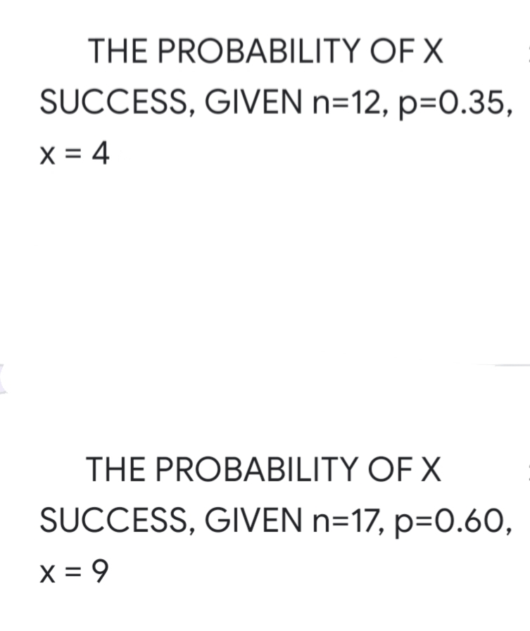 THE PROBABILITY OF X
SUCCESS, GIVEN n=12, p=0.35,
x = 4
THE PROBABILITY OF X
SUCCESS, GIVEN n=17, p=0.60,
X = 9
