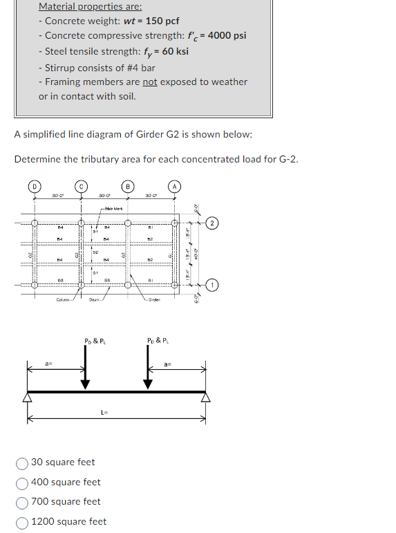 Material properties are:
- Concrete weight: wt = 150 pcf
- Concrete compressive strength: f'c = 4000 psi
- Steel tensile strength: fy = 60 ksi
- Stirrup consists of #4 bar
- Framing members are not exposed to weather
or in contact with soil.
A simplified line diagram of Girder G2 is shown below:
Determine the tributary area for each concentrated load for G-2.
30-0¹
B4
B4
69
Colum
Dea
30-0
- Mark
89
PD & PL
30 square feet
400 square feet
700 square feet
1200 square feet
90-0
BI
-Ser
PD & PL
a=