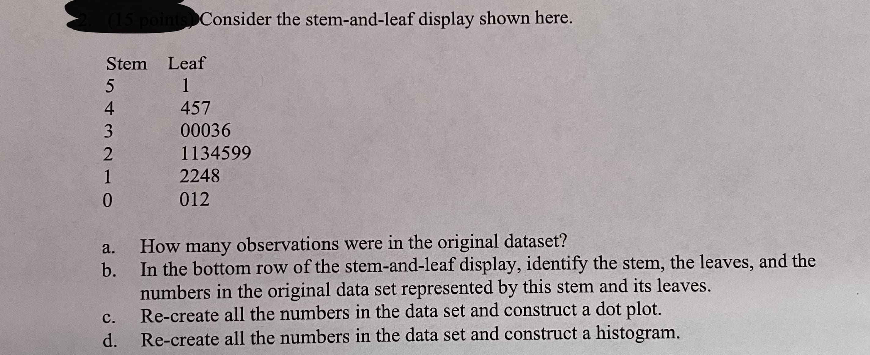 (15 points Consider the stem-and-leaf display shown here.
Stem Leaf
1
5
457
4
00036
3.
1134599
2248
012
0.
How many observations were in the original dataset?
In the bottom row of the stem-and-leaf display, identify the stem, the leaves, and the
numbers in the original data set represented by this stem and its leaves.
Re-create all the numbers in the data set and construct a dot plot.
Re-create all the numbers in the data set and construct a histogram.
a.
b.
c.
d.
