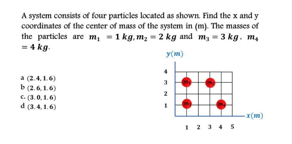 A system consists of four particles located as shown. Find the x and y
coordinates of the center of mass of the system in (m). The masses of
the particles are m1
= 4 kg.
1 kg, m2 = 2 kg and m3 = 3 kg, m4
y(m)
4
a (2.4, 1. 6)
b (2.6, 1. 6)
с. (3.0, 1.6)
d (3.4, 1.6)
m
2
1
m3
m
-x (т)
1 2 3 4 5
