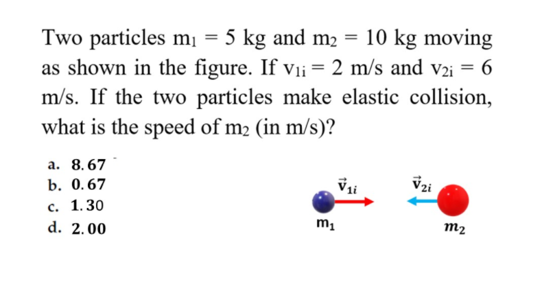 Two particles mį = 5 kg and m2
as shown in the figure. If vi = 2 m/s and v2i = 6
m/s. If the two particles make elastic collision,
what is the speed of m2 (in m/s)?
10 kg moving
а. 8.67
b. 0.67
Vi
Vzi
с. 1. 30
d. 2.00
m2
